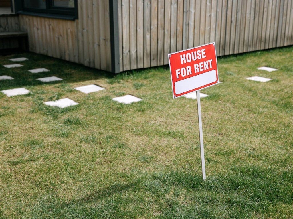 Red and white ‘For Rent’ signboard on the lawn.