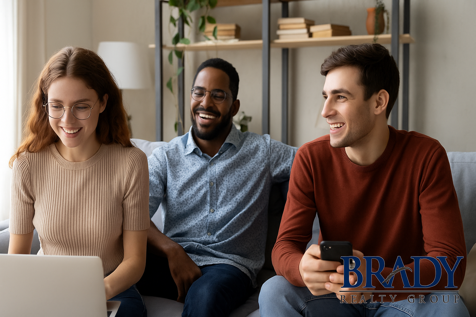 Three young adults sitting in a modern Las Vegas apartment living room, smiling and chatting while using a laptop and smartphone, symbolizing Gen Z renters’ lifestyle and tech-savvy approach, with the Brady Realty Group logo visible in the corner.